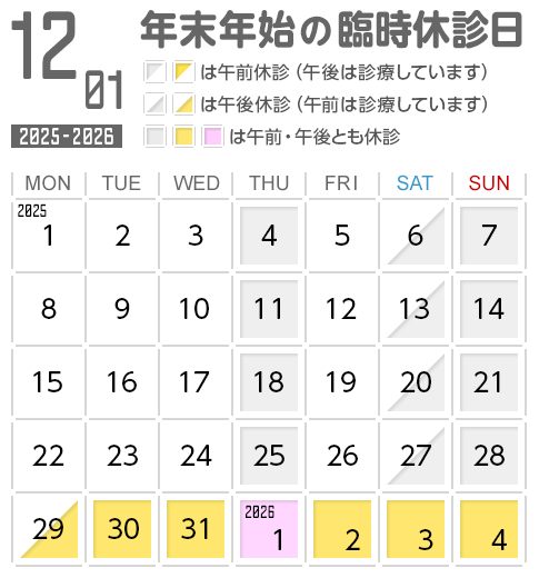 年末年始の臨時休診日 年末年始の臨時休診日